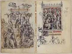 Libro de horas de Jeanne d'Evreux: Crucifixión y Adoración de los Reyes (ff. 68v-69), Jean Pucelle. Museo Metropolitano de Arte, Nueva York