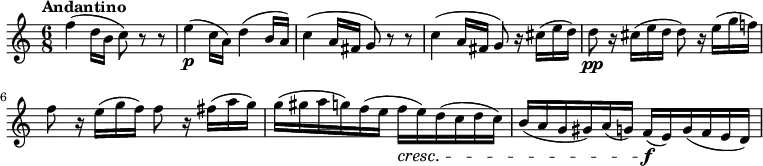 
\relative c'' {
      \version "2.18.2"
      \clef "treble" 
      \tempo "Andantino" 
      \key c \major
      \time 6/8
   f4 (d16 b c8) r8 r8
   e4  \p (c16 a) d4 (b16 a)
   c4 (a16 fis g8) r8 r8
   c4 (a16 fis g8) r16 cis16 (e d)
   d8 \pp r16 cis16 (e d d8) r16 e16 (g f!)
   f8 r16 e16 (g f) f8 r16 fis16 (a g)
   g (gis a g) f (e f\cresc e) d (c d c)
   b (a g gis) a (g) f\f (e) g (f e d)               
     }
