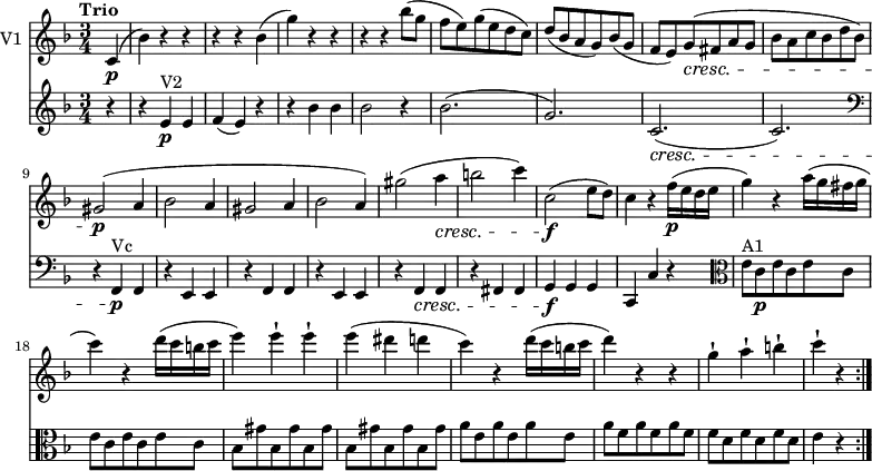 
<<
\new Staff \with { instrumentName = #"V1 "}  \relative c'' {
    \version "2.18.2"
    \key f \major 
    \tempo "Trio"
    \tempo 4 = 130
    \time 3/4
   \partial 4 c,4 \p (bes') r r
   r r bes (g') r r 
   r r bes8 (g f e) g (e d c)
   d (bes a g) bes (g f e) g \cresc (fis a g bes a c bes d bes)
   gis2\p (a4 bes2 a4 gis2 a4 bes2 a4)
   gis'2 (a4 \cresc b2 c4)
   c,2\f (e8 d)
   c4  r f16\p (e d e g4) r a16 (g fis g c4) r
   d16 (c b c e4) e-! e-! e (dis d c) r d16 (c b c d4) r r 
   g,-! a-! b-! c-! r \bar ":|."
   
}
 \relative c'' {
    \key f \major 
    \clef "treble"
    \time 3/4
   \partial 4 r4 r e,\p^ \markup {V2} e f (e) r r bes' bes bes2 r4
   bes2. (g) c,\cresc (c)
   \clef "bass" r4 f,,\p ^ \markup {Vc}  f r e e r f f r e e r f \cresc f r fis fis 
   g\f g g c, c' r
   \clef "alto" e'8^ \markup {A1} c\p \repeat unfold 5 {e c }
   \repeat unfold 6 {bes gis' }  \repeat unfold 3 {a e }  \repeat unfold 3 {a f}  \repeat unfold 3 {f d }
   e4 r
}
>>
