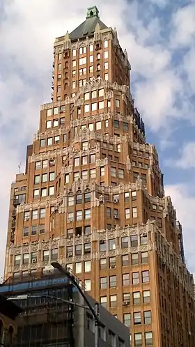 75 Livingston Street, a stepped high-rise, viewed on the left from street level