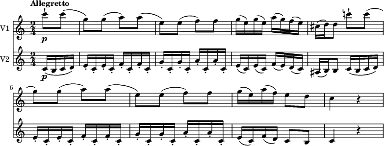 
<<
  \new Staff \with { instrumentName = #"V1 "}  \relative c'' {
         \clef "treble" 
         \tempo "Allegretto"
         \key c \major
         \time 2/4 
          \tempo 4 = 90
     \partial 4 c'8-! \p c (g) g (a) a (e) e (f) f
     g16 (e) g (e) a (g) f (e)
     cis (d) d8 c'!-! c (g) g (a) a (e) e (f) f
     g16 (e) a (f) e8 d
     c4 r
}

 \new Staff \with { instrumentName = #"V2 "} \relative c' {      
         \clef  "treble"  
         \key c \major
         \time 2/4
         \set Staff.midiMinimumVolume = #0.2 \set Staff.midiMaximumVolume = #0.5 
         \partial 4 c16 \p (b c d)
         e-.  c-. e-. c-. f-. c-. f-. c-.
         g'-.  c,-. g'-. c,-. a'-. c,-. a'-. c,-.
         e (c) e (c) f (e) d (c)
         ais (b) b8 c16 (b c d)
         e-.  c-. e-. c-. f-. c-. f-. c-.
         g'-.  c,-. g'-. c,-. a'-. c,-. a'-. c,-.
         e (c) f (d) c8 b
         c4 r
}
>>
