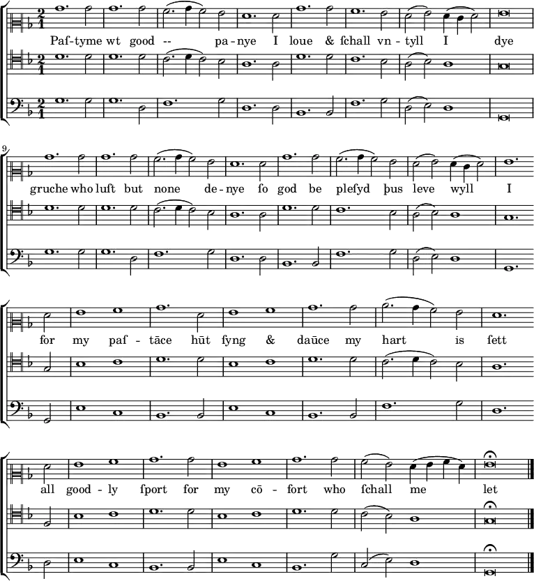 
  \version "2.10.33"
  \new ChoirStaff <<
    \new Staff {
      \set Score.tempoHideNote = ##t
      \tempo 1 = 125
      \time 2/1 \key g \dorian
      \clef "neomensural-c2"
      %% \override NoteHead #'style = #'petrucci
      bes'1. bes'2 bes'1. bes'2  a'2. (bes'4 a'2) g'2 f'1. 
      f'2 bes'1. bes'2 a'1. g'2 f' (g') f'4 (e' f'2) g'\breve \break
      bes'1. bes'2 bes'1. bes'2  a'2. (bes'4 a'2) g'2 f'1.
      f'2 bes'1. bes'2 a'2. (bes'4 a'2)  g'2 f' (g') f'4 (e' f'2) g'1. \bar "" \break
      f'2 g'1 a' bes'1.    f'2 g'1 a' bes'1.   bes'2 c''2. (bes'4 a'2) g' f'1. \bar "" \break
      f'2 g'1 a' bes'1.  bes'2 g'1 a' bes'1.   bes'2 a' (g') f'4 (g' a' f')   
      g'\breve\fermata      \bar "|."
    } %% /new Staff
    \addlyrics { 
      Paſ -- tyme wt good Ꝯ-- pa -- nye 
      I loue "&" ſchall vn -- tyll I dye 
      gruche who luſt but none de -- nye
      ſo god be pleſyd þus leve wyll I
      for my paſ -- tāce 
      hūt ſyng "&" daūce
      my hart is ſett
      all good -- ly ſport
      for my cō -- fort
      who ſchall me let
    } %% /addlyrics
    \new Staff {
      \time 2/1 \key g \dorian
      \clef "neomensural-c4"
      d'1. d'2 d'1. d'2 c'2. (d'4 c'2) bes2 a1. a2 d'1. d'2 c'1. bes2 a2 (bes2) a1 g\breve
      d'1. d'2 d'1. d'2 c'2. (d'4 c'2) bes2 a1. a2 d'1. d'2 c'1. bes2 a2 (bes2)
      a1 g1. g2 bes1 c'1 d'1. d'2 bes1 c'1 d'1. d'2 c'2. (d'4 c'2) bes2
      a1. f2 bes1 c'1 d'1. d'2 bes1 c'1 d'1. d'2 c'2 (bes2) a1 g\breve\fermata \bar "|."
    } %% /new Staff
    \new Staff {
      \time 2/1 \key g \dorian
      \clef bass
      g1. g2 g1. d2 f1. g2 d1. d2 bes,1. bes,2 f1. g2 d2 (e2) d1 g,\breve
      g1. g2 g1. d2 f1. g2 d1. d2 bes,1. bes,2 f1. g2 d2 (e2)
      d1 g,1. g,2 e1 c1 bes,1. bes,2 e1 c1 bes,1. bes,2 f1.
      g2 d1. d2 e1 c1 bes,1. bes,2 e1 c1 bes,1. g2 c2 (e2) d1 g,\breve\fermata \bar "|."
    } %% /new Staff
  >> %% /new ChoirStaff
