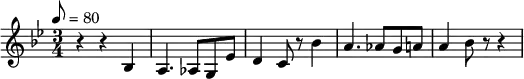 {   \time 3/4  \key bes \major \tempo 8=80  \relative c' { r4 r4 bes a4. aes8 g8 ees'8 d4 c8 r8 bes'4 a4. aes8 g8 a8 a4 bes8 r8 r4}   }