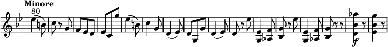 
 \relative c'' {
    \version "2.18.2"
    \key bes \major 
    \tempo "Minore"
    \tempo 4 = 140
    \time 3/8
    \omit Staff.TimeSignature
   ees4 ^ \markup{ 80} (b8)
   c r g
   f ees d
   ees c g''
   ees4 (b8)
   c4 g8
   d4 (ees8)
   d g, g'
   d4 (ees8)
   d r ees'
   <g,, ees'>4 <aes f'>8 
   <bes g'> r ees'
   <g,, ees'>4 <aes f'>8 <bes g'> r r
   <d bes' aes'>4 \f r8
   <ees bes' g'>4 r8
 }
