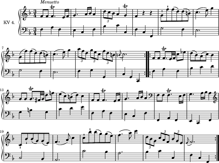 
\version "2.14.2"
\header {
  tagline = ##f
}

upper = \relative c'' {
  \clef treble
  \key f \major
  \time 3/4
  \tempo 4 = 110
  \tempo "Menuetto"
  \set Staff.midiInstrument = #"dulcimer"

  \repeat volta 2 {
    f,8^\markup \italic { Menuetto} f f4.\trill e16 f | g4. a16 bes  a4
    | \tuplet 3/2 {d8 c8 bes } a4 g\trill  | f r4 r4
    | g8-! f'-! f (d) d (b) | c4. (e8) g4
    | g,8 (f') f (d) d (b) | c4. (e8) g4
    | \tuplet 3/2 {a8 f d } \tuplet 3/2 {g8 e c} \tuplet 3/2 {f8 d  b}
    |\grace b8 (c2.)
  }
  \repeat volta 2 \relative c' {
    f8 f f8.\trill e32 f c'8 ees |  d8 (bes)  a ( c ) bes4
    | g8 g g8.\trill fis32 g d'8 f! | e8 (c) b (d) c4
    | f,8 f f4.\trill e16 f  |g4. a16 bes a4 \clef bass 
    | f,8 f f4.\trill e16 f  |
    | g4. a16 bes a4 \clef treble
    | c8-! bes'-! bes (g) g (e)
    | f4. (a8) c4 | c8-! bes'-! bes (g) g (e) |
    f4. (a8) c4  | \tuplet 3/2 {d,8 bes g }  \tuplet 3/2 {c8 a f} \tuplet 3/2 {bes8 g  e}
    |\grace e8 (f2.)
  }
} 
lower = \relative c {
  \clef bass
  \key f \major
  \time 3/4
  \set Staff.midiInstrument = #"harpsichord"
  
  \repeat volta 2 {
  f4 a f | e c f  | bes4 c c, | f4 c f, |  g'2 f4| e2. |  g2 f4 | e2. | f4 g g,  | c4 g c,
  }
  \repeat volta 2 \relative c {
    f4 a f | bes c d | g, b g  | c d e|  f, a f | e c f
    |  f, a f | e c f | c'2 bes4 | a2.  |  c'2 bes4 | a2.| bes4 c c,
    | f c f,
  }
} 

\score {
  \new PianoStaff <<
    \set PianoStaff.instrumentName = #"KV 4."
    \new Staff = "upper" \upper
    \new Staff = "lower" \lower
  >>
  \layout {
    \context {
      \Score
      \remove "Metronome_mark_engraver"
    }
  }
 \midi { }
}
