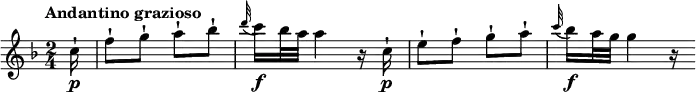 
\relative c' {
  \version "2.18.2"
  \key f \major
  \time 2/4
  \tempo "Andantino grazioso"
  \tempo 4 = 50
  \partial 4 \partial 8 \partial 16 c'16\p-! f8-! g-! a-! bes-!
  \grace d32 (c16)\f bes32 a a4 r16 c,16-!\p
  e8-! f-! g-! a-!
  \grace c32 (bes16)\f a32 g g4 r16
}
