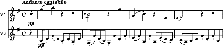 
<<
\new Staff \with { instrumentName = #"V1 "}  \relative c'' {
    \version "2.18.2"
    \key g \major 
    \tempo "Andante cantabile"
    \tempo 4 = 70
    \time 2/2
    \partial 4 c4-. \pp g' (b) r d,
    \grace c4 (b2) r4 g'4
    a, (c) r fis,
    \grace fis4 (g2) r4 d'  
}
 \new Staff \with { instrumentName = #"V2 "} \relative c'' {
    \key g \major 
    \time 2/2
    \partial 4  r4
   b,8 \pp (d) g (d) b-. d-. a-. d-.
   g, (g') d (b) g-. g'-. d-. g-.
   e (g) a,-. g'-. a, e' (d c)
   c (a) b-. d-. g-. d-. g-. b,-.
}
>>
