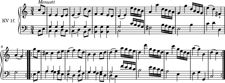 
\version "2.14.2"
\header {
  tagline = ##f
}

upper =   \relative c'' {
  \clef treble
  \key c \major
  \tempo 4 = 110
  \time 3/4
   \set Staff.midiInstrument = #"dulcimer"
  \partial 4
  \repeat volta 2 {
  c8^\markup \italic { Menuett } g | e4 e d8 e | e4 (f) d'8 b | f4 f e8 d| d4 (e) e'16 d c b| a4 a' d,16 c b a | g4 g' d16 b a g| e'4 (d) fis,-!| a4 (g)
  }
  \repeat volta 2 {
     g'8 e | cis4 cis d8 e | e4 (f) f8 d b4 b c8 d |  d4 (e) a16 g f e |  d4 d' g,16 f e d   | c4 c' g16 e d c   | a'4 (g) b,   | d (c)
  }
}

lower =  \relative c {
  \clef bass
  \key c \major
  \time 3/4
\set Staff.midiInstrument = #"harpsichord"
  \partial 4
  \repeat volta 2 {
  c8 e | <<  \relative {  g4 g g  } \\  \relative c' {  c, c d8 c } >> |  <<  \relative {  g2 g4  } \\  \relative c { c (d) b8 d } >> |
  << b4 g'>> << b, g'>> << b, g'>> | << \relative {  g2 c16 b a  g } \\  \relative c {  c2 s4 } >> |
   fis2 b16 a g fis | e2 b'4  | c d d, | g2
  }
  \repeat volta 2 {
    e8 g  | <<  \relative {  a4 a a  } \\  \relative c { a' g f8 e }  >> 
     | <<  \relative {  a2 a4  } \\  \relative c {  e4 (d) d8 f }  >>
      | <<  \relative {  g4 g g  } \\  \relative c' { g  f e8 d }  >>
       | <<  \relative {  g2 f'16 e d c  } \\  \relative c {  d4 (c) s4 }  >>
      | b2  e16 d c b | a2 e4 | f g g,| c2
  }
}

\score {
  \new PianoStaff <<
    \set PianoStaff.instrumentName = #"KV 1f."
    \new Staff = "upper" \upper
    \new Staff = "lower" \lower
  >>
  \layout {
    \context {
      \Score
      \remove "Metronome_mark_engraver"
    }
  }
  \midi { }
}
