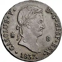 Moneda de 8 maravedíes de Carlos V (el pretendiente carlista), Segovia, 1837.