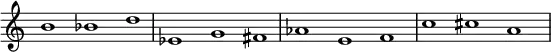 
{
\override Score.TimeSignature
#'stencil = ##f
\override Score.SpacingSpanner.strict-note-spacing = ##t
  \set Score.proportionalNotationDuration = #(ly:make-moment 1/1)
    \relative c'' {
        \time 3/1
        \set Score.tempoHideNote = ##t \tempo 1 = 60
       b1 bes d  
       es, g fis  
       aes e f  
       c' cis a
    }
}
