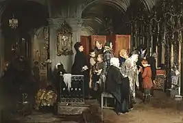 Alexei Korzukhin. «Antes de la confesión» (1877). Se representa el interior de la Catedral Naval de San Nicolás en San Petersburgo