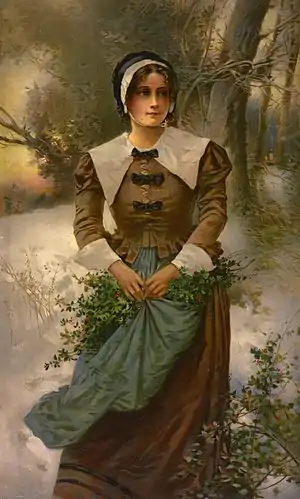 Joven puritana con otro modelo de cofia (A fair Puritan de Edward Percy Moran ca. 1897, recreando la moda de 1620-1700)