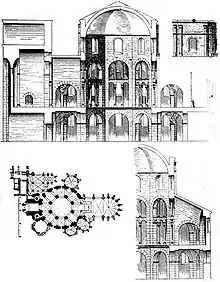 Planta y alzados de la capilla palatina de Aquisgrán.