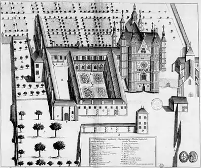 La abadía en el siglo XVII, según el Monasticon Gallicanum.