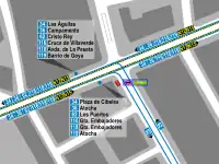 Mapa zonal de la estación de metro de Acacias con los recorridos de las líneas de autobuses, entre las que aparece el 36.