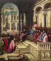 Paris Bordone,Presentación del anillo al dux de Venecia, 1534. La única representación de una gran alfombra Estrella Uşak con medallones de estrella de ocho puntas.