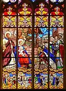 Vitral de la capilla que representa L'Adoration des mages así como las etapas precedentes y siguientes a su llegada a Belén (siglo XIX)