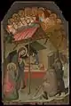 Bartolo di Fredi, ca. 1374, Metropolitan Museum of Art. La virgen ya no aparece recostada, pero las convenciones bizantinas están muy presentes: se tratan conjuntamente el tema de la Anunciación y el de la Adoración, y aunque el "pesebre" está bajo un "portal", este es el frontispicio de una gruta, que es donde se guardan la mula y el buey.