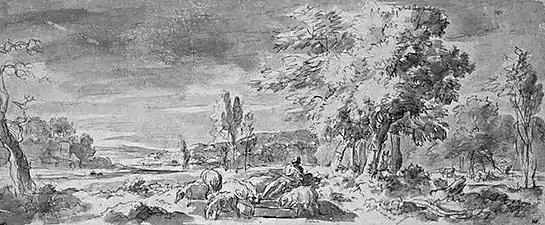 Paisaje con un niño que pierde el tiempo cuidando cerdos