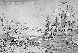 Puerto con barcos y botes, y cuatro jinetes en la orilla.