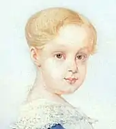 A half-length portrait sketch showing the Prince Imperial as a child in a gown with sash and holding the medal of the Order of the Southern Cross