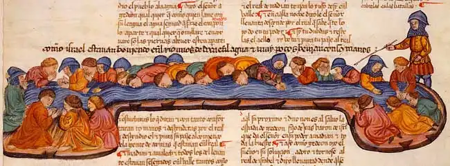 Biblia de Alba, 1422-1433, fol. 183v: Gedeón, juez de Israel, selecciona su ejército.