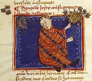 Biblia de Alba, 1422-1433, fol. 49r: José interpreta los sueños del faraón en Egipto. Inscripción: "Figura de Josep con su rroquete labrado a escaques".