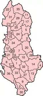 Mapa de los distritos de Albania entre 1991 y 2014.