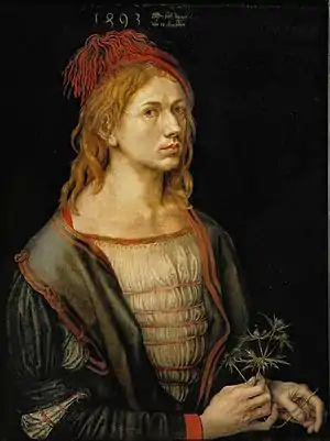 Vitela. Autorretrato de Durero, originalmente hecho en óleo sobre vitela, 1493, Museo del Louvre, París