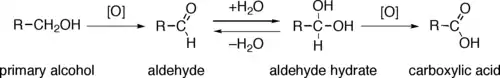 Mecanismo de oxidación de alcoholes primarios a ácidos carboxílicos a través de aldehídos y de hidratos de aldehído.