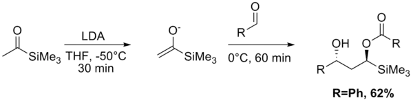 Reacción aldólica de Tishchenko empezando desde un acetilo trimethylsilano y un acetaldehído