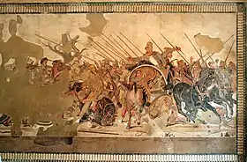 La batalla de Issos, mosaico romano hallado en Pompeya.