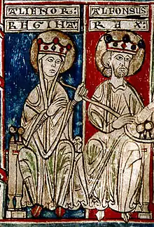 Miniatura del Tumbo menor de Castilla que representa a Alfonso VIII, rey de Castilla entre 1158 y 1214, con su mujer Leonor de Plantagenet