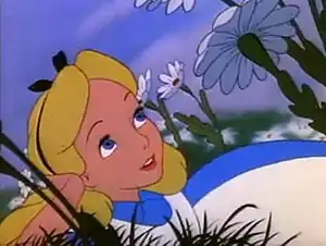 An animated image of a blonde girl lying in a field, wearing a blue-white dress.