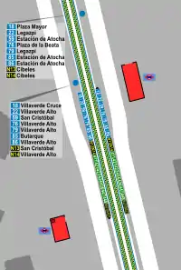 Mapa zonal de la estación de Almendrales con las líneas de autobuses que pasan por ella, entre las que se encuentra la línea N13.