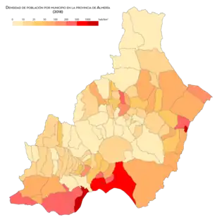 Mapa de densidad de población por municipios de la provincia de Almería