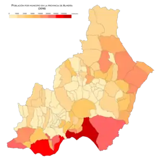 Mapa municipal de población en la provincia de Almería año 2018