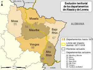 Mapa del nordeste de Francia mostrando la frontera del Imperio Germánico separando el Alto Rin del actual Territorio di Belfort, añadiendo dos cantones vosgos al Bajo Rin, cortando el antiguo departamento de Meurthe en su tercio nordeste y el antiguo departamento de Mosela en su cuarto oeste. Los dos territorios formaron el actual departamento de Mosela y los del sudoeste el actual departamento de Meurthe y Mosela.