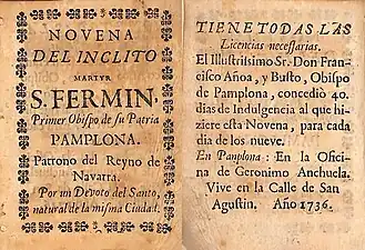 Novena a san Fermín en la que figura la calle de san Agustín como dirección de la imprenta (1736)