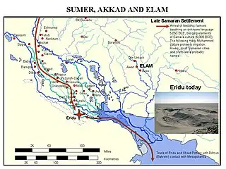 Sumeria y Akkad, con la antigua línea de la costa del golfo Pérsico