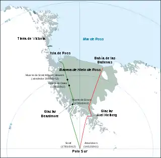 Rutas al Polo: en rojo, la ruta de Amundsen; en verde la de Scott (el glaciar Beardmore aparece como una de las etapas de Scott).