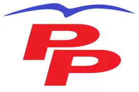 Logotipo de un partido político español (PP), que incluye la figura estilizada de un ave (interpretada habitualmente como una gaviota, su creador indicó que era un charrán).