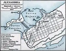 Mapa de la ciudad egipcia de Alejandría hacia el año 30 antes de la EC.