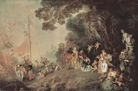 Peregrinaje a la Isla de Citera, de Antoine Watteau (1717). Evoca la isla sobre la que se levantaba un templo a Afrodita.