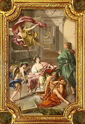 Anton Raphael Mengs, El Triunfo de la Historia sobre el Tiempo (Alegoría del Museo Clementinum), fresco en el techo de la Camera dei Papiri, Biblioteca Vaticana