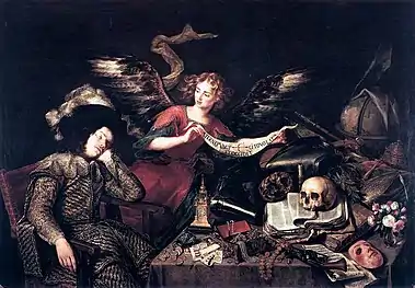 El sueño del caballero, de Antonio de Pereda, ca. 1670; una vanitas donde se denuncia la vacuidad del dinero y toda clase de atractivos mundanos ante lo definitivo de la muerte.