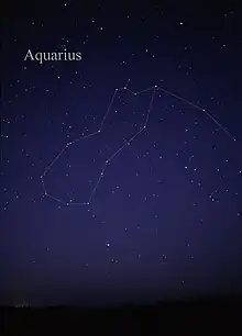 Photograph of a starry sky with white lines tracing the constellation Aquarius