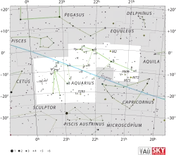 Diagram showing star positions and boundaries of the Aquarius constellation and its surroundings