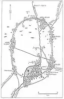 Mapa del campo de trabajo de Vorkutá (en alemán). Los números de los ejes en los círculos, Mapa trazado entre 1951-1956, imagen tomada de Geografía Tomo XI, 1957, p. 208. Kurt Behrens: Alemanes en campos penales y prisiones en la Unión Soviética, Volumen V/1/2/3. Editorial Ernst y Werner Gieseking, Bielefeld. Múnich 1965, pág. 25