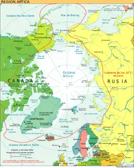 La línea roja indica la isoterma de los 10 °C en julio, usada comúnmente para definir el límite de la región Ártica.